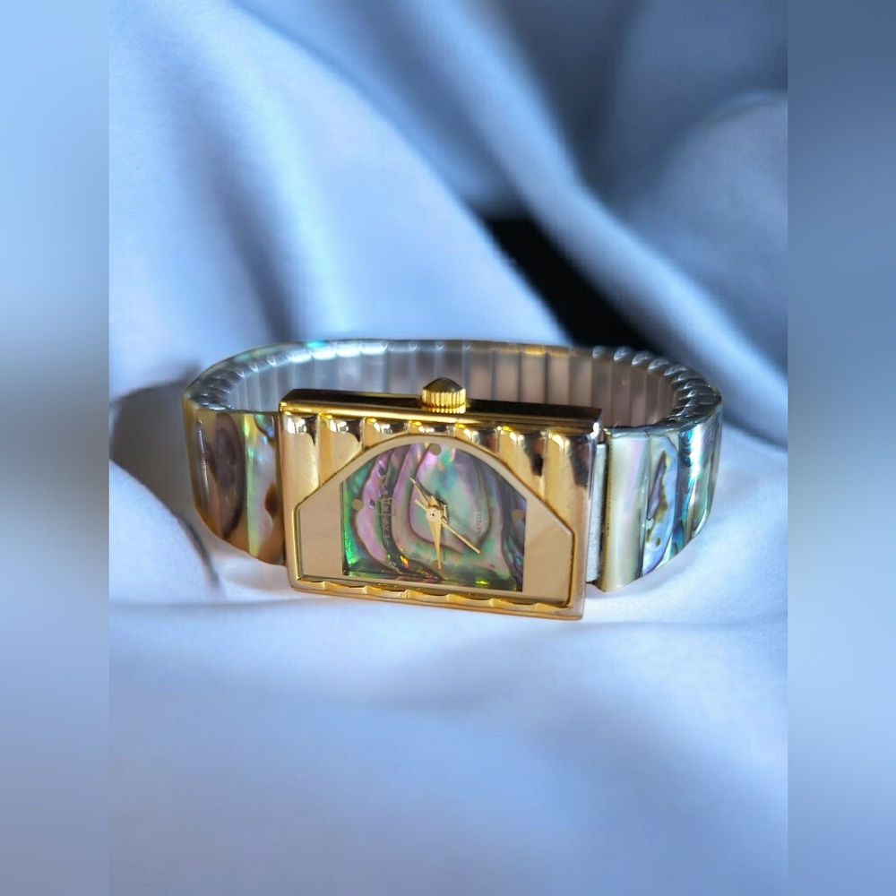 Vintage Abalone Shell LA Express Classic Womens Rectangular Stretch Watch